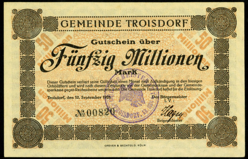 RHEINLAND. 
Troisdorf, Gemeinde. 50 Mio. Mark 10.9.1923. v.E. 1263,6, Ke. 5234....