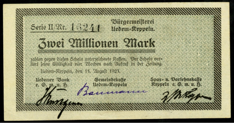 RHEINLAND. 
Uedem-Keppeln, Bürgermeisterei. 2 Mio Mark 15.8.1923 Serie II. Ke.&...