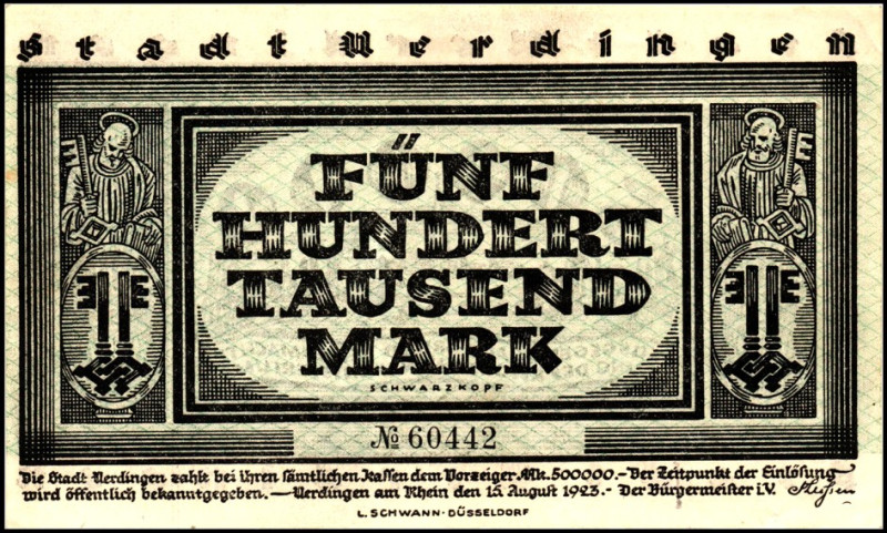 RHEINLAND. 
Uerdingen, Stadtkasse. 500 000 Mark 15.8.1923 (Wz.verschlungene Qua...