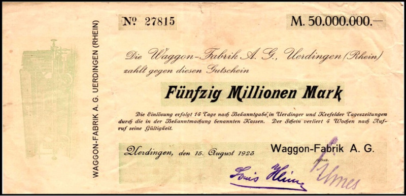 RHEINLAND. 
Uerdingen, Waggonfabrik-AG. 5,50 Mio. Mark 15.8.1923. M. 3-4, Ke. 5...