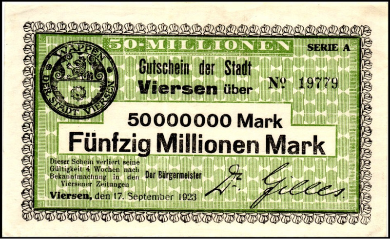 RHEINLAND. 
Viersen, Stadt. 2x 10 Mio Mark 3.9.1923 (Wz.fett und normal.), 50 M...