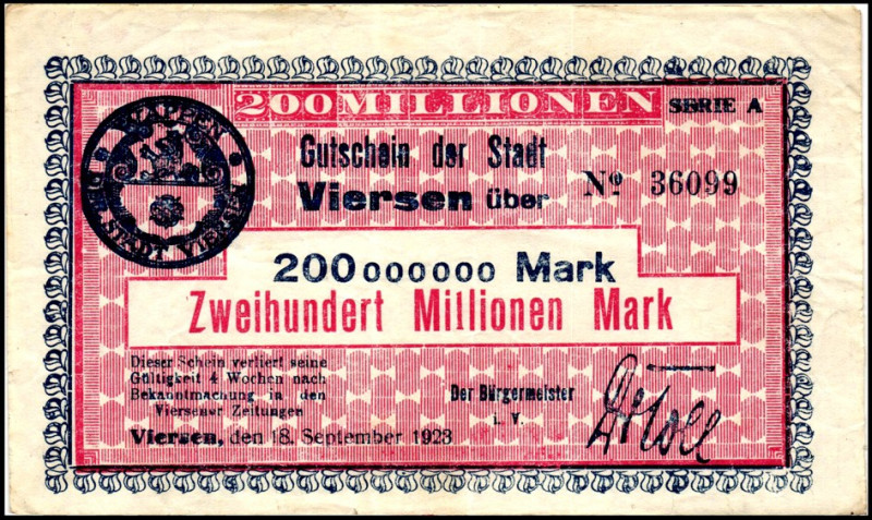 RHEINLAND. 
Viersen, Stadt. 3x 200 Mio Mark 18.9.1923 (Serie A Wz.fett und norm...