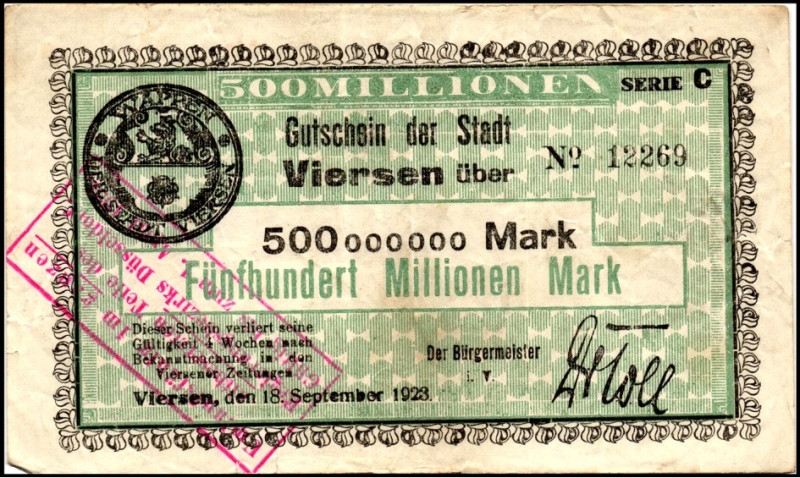 RHEINLAND. 
Viersen, Stadt. 500 Mio Mark 18.9.1923 -1.4.1924.Serie C. Ke.&nbsp;...