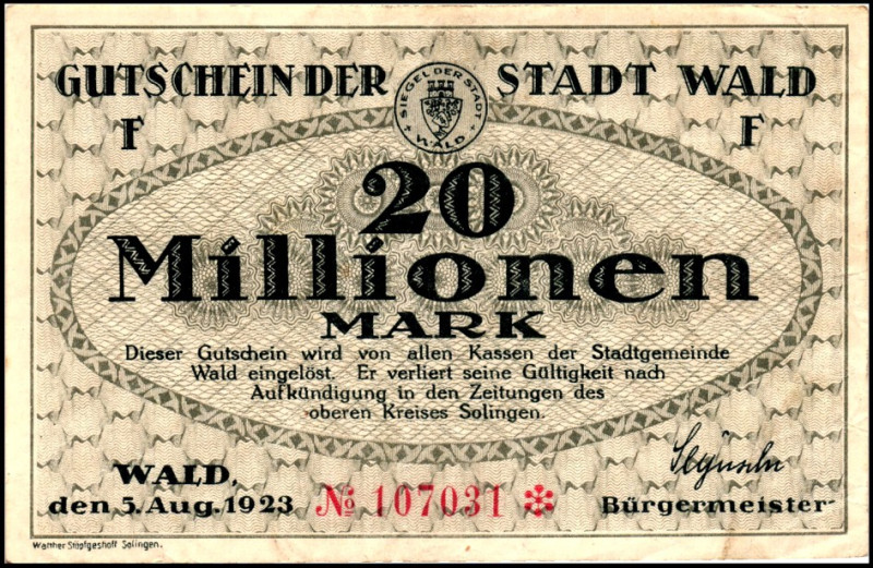 RHEINLAND. 
Wald, Stadt. 100.000 ,1 Mio.Mark 5.8.1923 (ohne Wz.), 5 Mio.Mark ( ...