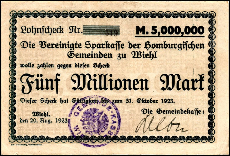 RHEINLAND. 
Wiehl, Gemeindekasse. 2x5 Mio. Mark 20.8.1923 -31.10.1923. (Lohnsch...