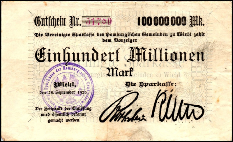 RHEINLAND. 
Wiehl, Sparkasse. 100 Mio.Mark 28.9.1923 ".dem Vorzeiger", ohne Dru...