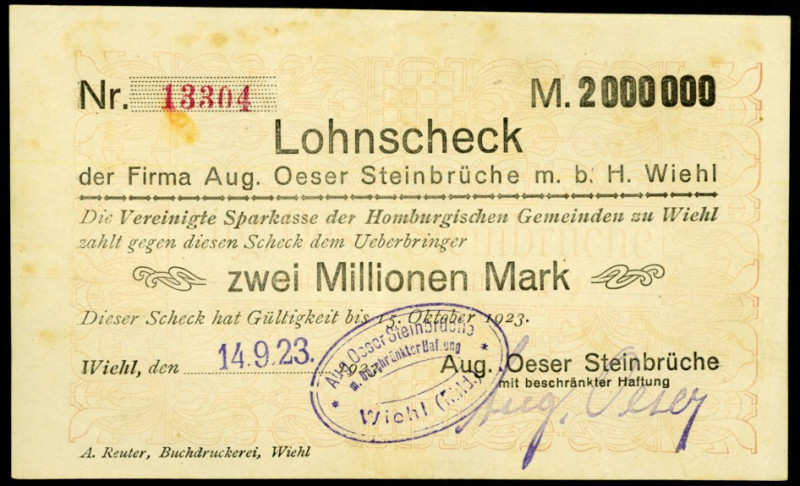 RHEINLAND. 
Wiehl Aug.Oeser Steinbrüche m.b.H.. 2 Mio.Mark 14.9.1923 -30.9.1923...
