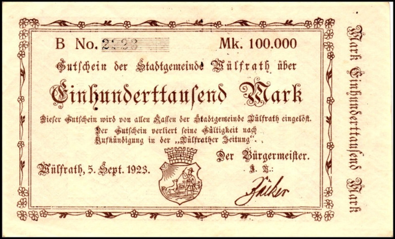 RHEINLAND. 
Wülfrath, Stadt. 100.000.Mark 5.9.1923. Ke. 5720., v.E. 1376,1,2,3....