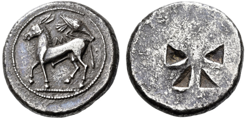 MACEDON. Mende. Circa 510-480 BC. Tetradrachm (Silver, 26 mm, 17.30 g). Μ Ithyph...