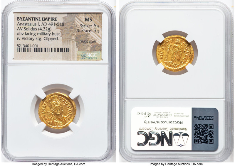 Anastasius I (AD 491-518). AV solidus (20mm, 4.32 gm, 6h). NGC MS 5/5 - 3/5, edg...