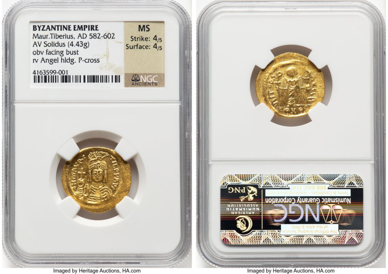 Maurice Tiberius (AD 582-602). AV solidus (22mm, 4.43 gm, 6h). NGC MS 4/5 - 4/5....