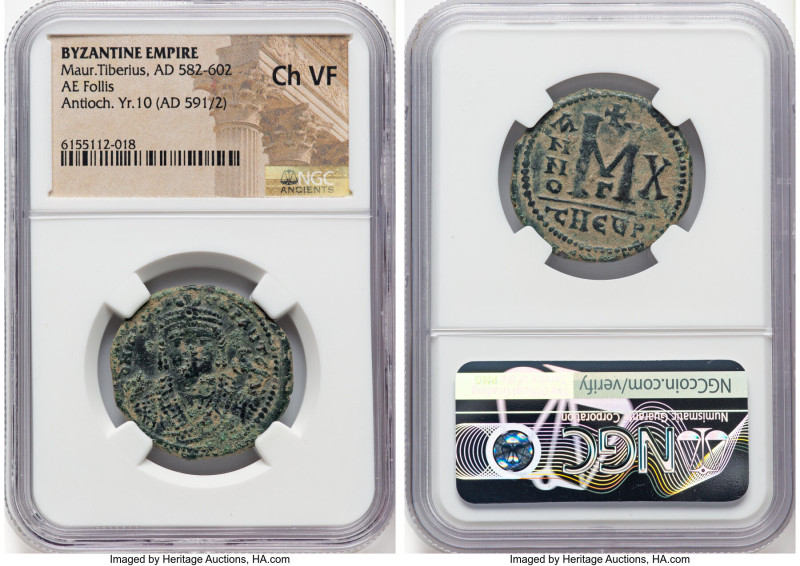 Maurice Tiberius (AD 582-602). AE follis or 40 nummi (28mm, 7h). NGC Choice VF. ...