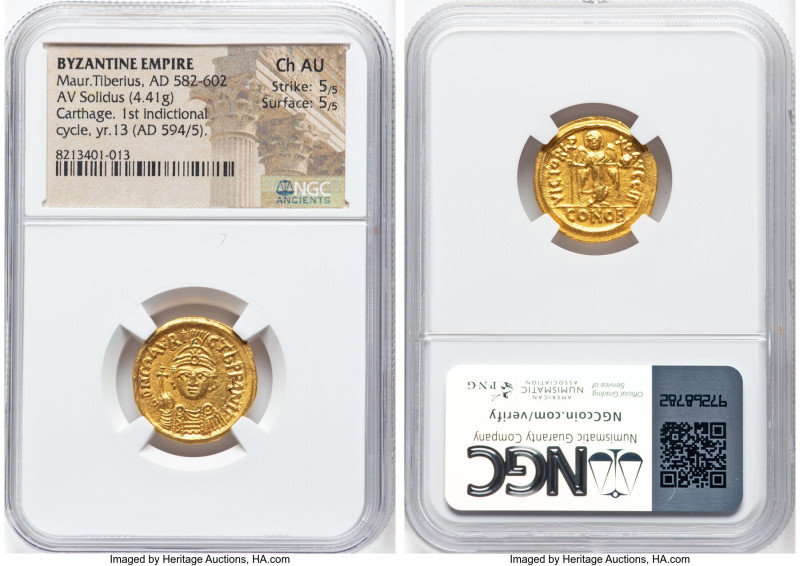 Maurice Tiberius (AD 582-602). AV solidus (19mm, 4.41 gm, 6h). NGC Choice AU 5/5...