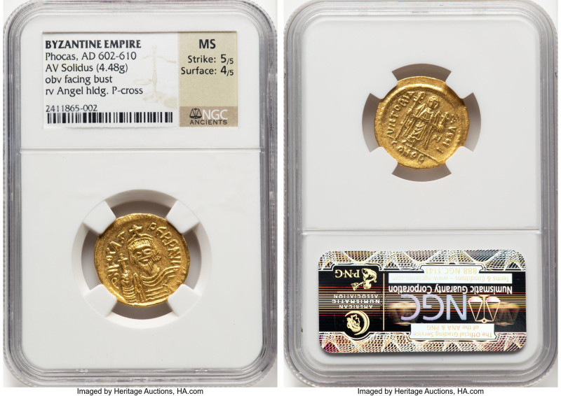 Phocas (AD 602-610). AV solidus (21mm, 4.48 gm, 7h). NGC MS 5/5 - 4/5. Constanti...