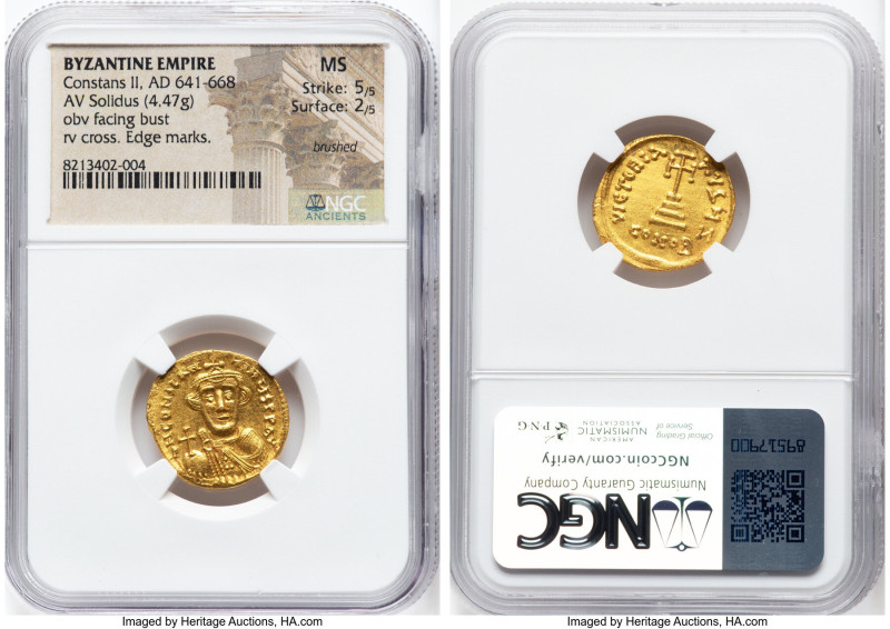 Constans II Pogonatus (AD 641-668). AV solidus (20mm, 4.47 gm, 6h). NGC MS 5/5 -...