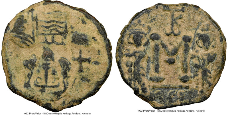 Constantine IV Pogonatus with Heraclius, and Tiberius (AD 668-681). AE follis (2...