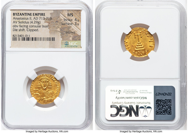 Anastasius II Artemius (AD 713-715). AV solidus (20mm, 4.29 gm, 5h). NGC MS 4/5 ...