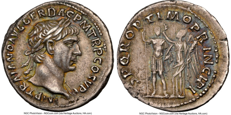 Trajan (AD 98-117). AR denarius (18mm, 3.22 gm, 7h). NGC Choice XF 4/5 - 4/5. Ro...