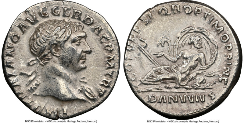 Trajan (AD 98-117). AR denarius (17mm, 7h). NGC XF. Rome, AD 107-108. IMP TRAIAN...