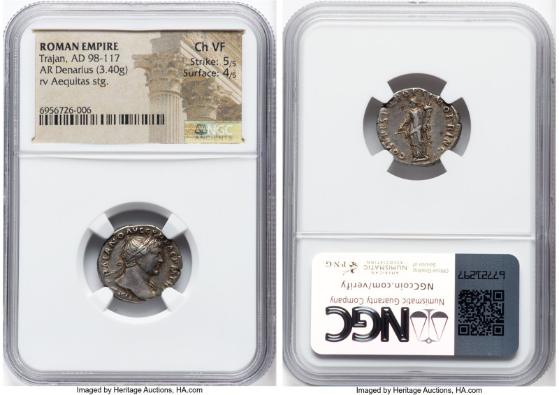 Trajan (AD 98-117). AR denarius (18mm, 3.40 gm, 6h). NGC Choice VF 5/5 - 4/5. Ro...