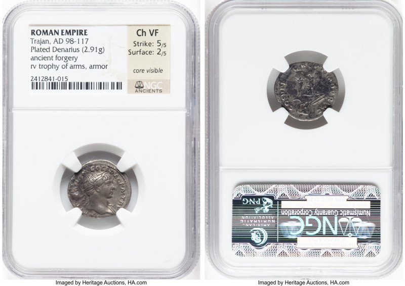 Trajan (AD 98-117). AR/AE fourree denarius (19mm, 2.91 gm, 6h). NGC Choice VF 5/...