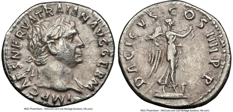 Trajan (AD 98-117). AR denarius (18mm, 5h). NGC Choice VF. Rome, AD 101-102. IMP...