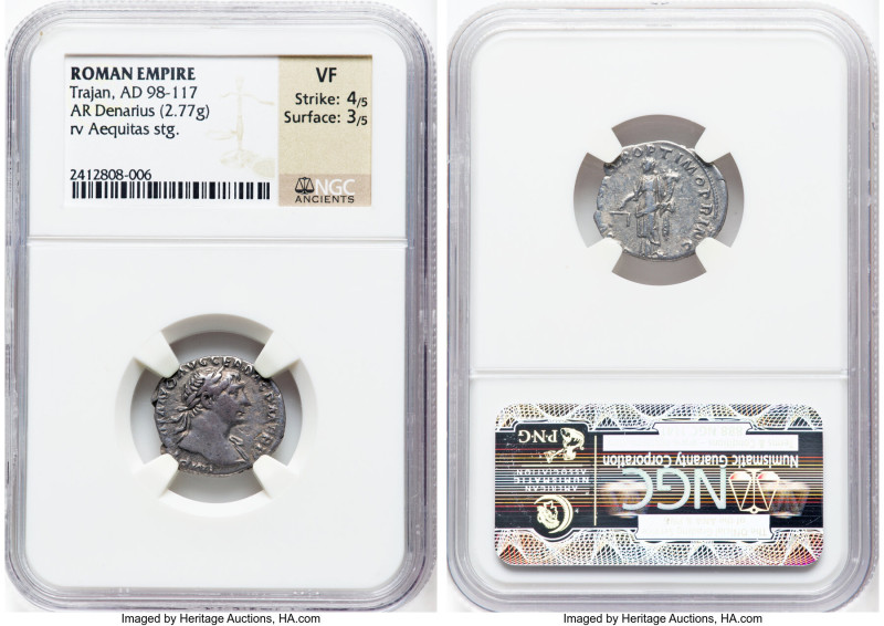 Trajan (AD 98-117). AR denarius (18mm, 2.77 gm, 6h). NGC VF 4/5 - 3/5. Rome, AD ...