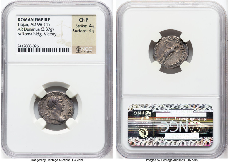 Trajan (AD 98-117). AR denarius (19mm, 3.37 gm, 8h). NGC Choice Fine 4/5 - 4/5. ...