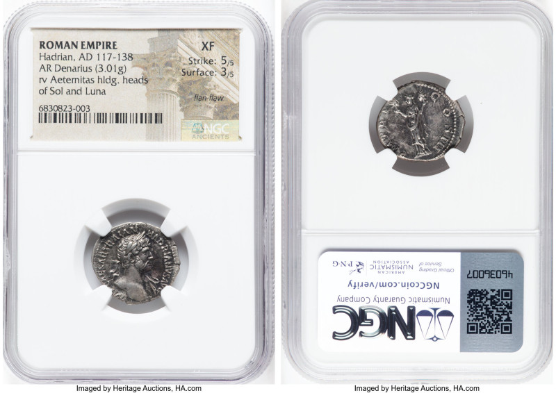 Hadrian (AD 117-138). AR denarius (19mm, 3.01 gm, 6h). NGC XF 5/5 - 3/5, flan fl...