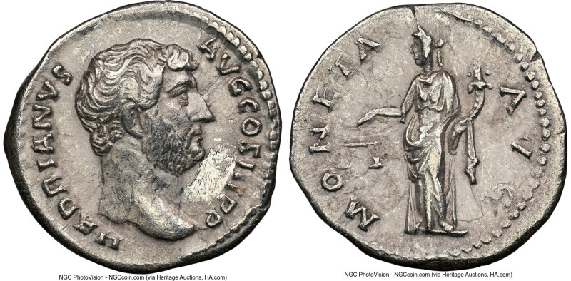 Hadrian (AD 117-138). AR denarius (18mm, 6h). NGC Choice VF, marks. Rome, AD 136...