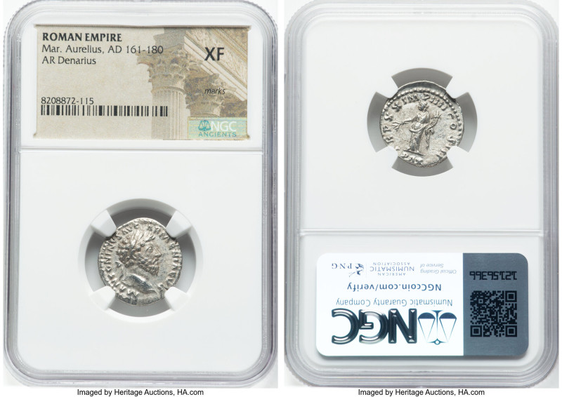 Marcus Aurelius, as Augustus (AD 161-180). AR denarius (19mm, 6h). NGC XF, marks...