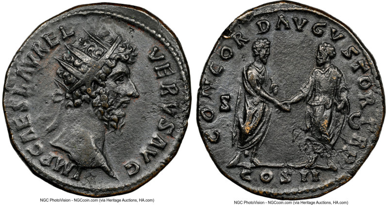 Lucius Verus (AD 161-169). AE dupondius (26mm, 12.50 gm, 12h). NGC XF 4/5 - 3/5,...