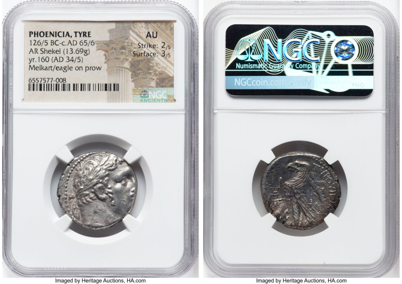 PHOENICIA. Tyre. Ca. 126/5 BC-AD 65/6. AR shekel (24mm, 13.69 gm, 12h). NGC AU 2...