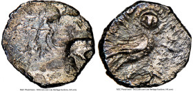 JUDAEA. Yehud. Ca. 333-302 BC. AR quarter-gerah or quarter-obol (6mm, 0.21 gm). NGC XF 2/5 - 2/5. Male head facing / The governor Hezekiah (Paleo-Hebr...