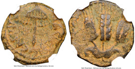 JUDAEA. Herodian Dynasty. Herod Agrippa I (AD 37-44). AE prutah (16mm, 1.93 gm, 12h). NGC Choice VF 4/5 - 3/5. Jerusalem, dated Regnal Year 6, under C...