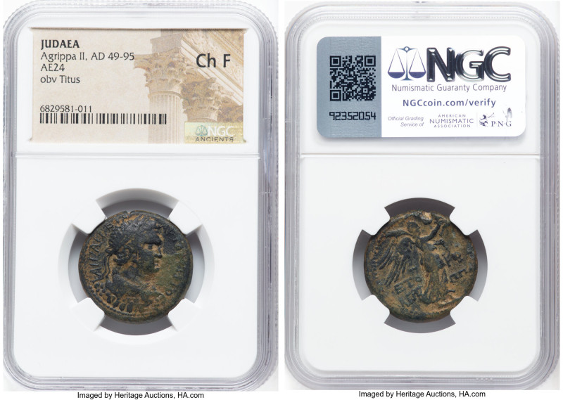 JUDAEA. Herodian Dynasty. Agrippa II (AD 49-95). AE (24mm, 11h). NGC Choice Fine...