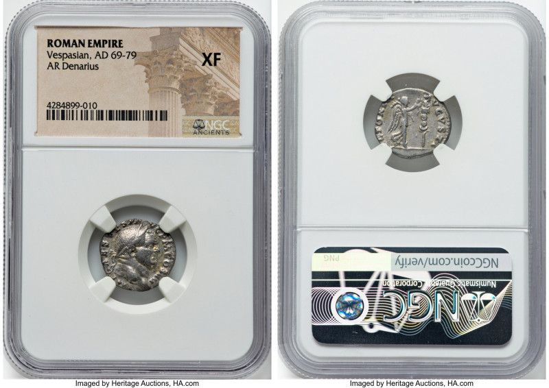 Vespasian (AD 69-79). AR denarius (17mm, 6h). NGC XF. Antioch, AD 72-73. IMP CAE...