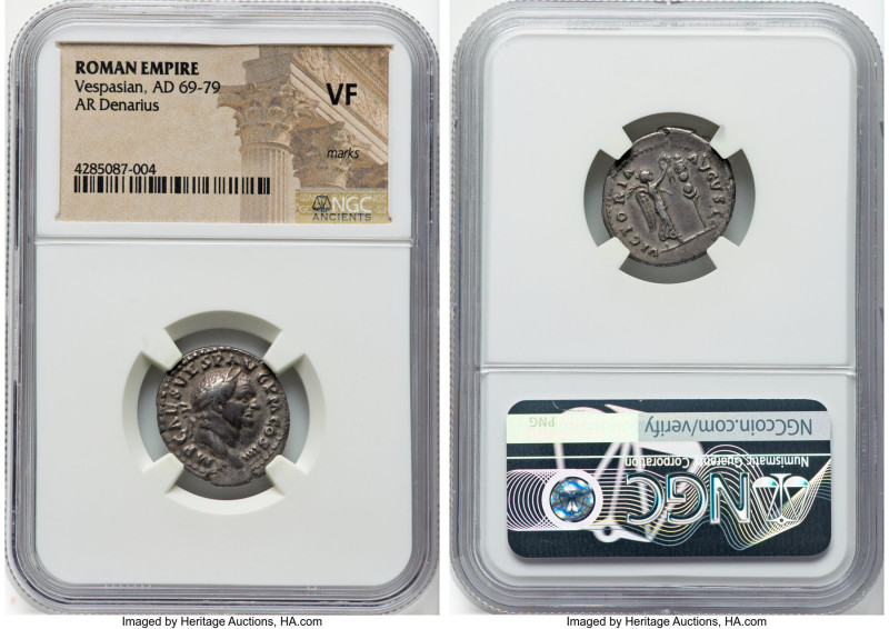 Vespasian (AD 69-79). AR denarius (19mm, 5h). NGC VF, marks. Antioch, AD 72-73. ...