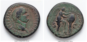 Vespasian (AD 69-79). AE sestertius (33mm, 24.52 gm, 6h). Fine, altered surfaces. Judaea Capta Commemorative, Rome, AD 71. IMP CAES VESPASIAN AVG P M ...