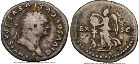 Divus Vespasian (AD 69-79). AR denarius (20mm, 2.80 gm, 6h). NGC Fine 5/5 - 2/5, glue residue. Rome, AD 79-81. DIVVS AVGVSTVS VESPASIANVS, laureate he...