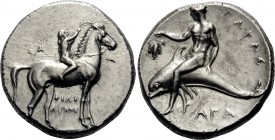 CALABRIA. Tarentum. Circa 281-270 BC. Nomos (Silver, 22 mm, 7.91 g, 5 h), Philiarchos, magistrate. ΦIΛI-APXOΣ Youthful nude jockey riding horse walkin...
