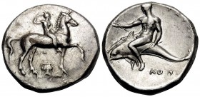 CALABRIA. Tarentum. Circa 302 BC. Nomos (Silver, 21 mm, 7.82 g, 3 h), Kon.. magistrate. Youthful nude jockey crowning himself while riding horse to ri...