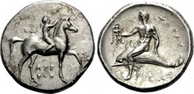 CALABRIA. Tarentum. Circa 280-272 BC. Stater (Silver, 22 mm, 7.81 g, 9 h), Sa... and Arethon. ΣΑ - ΑΡΕ / ΘΩΝ Nude youth riding horse walking to right,...