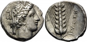 LUCANIA. Metapontum. Circa 340-330 BC. Nomos or Didrachm (Silver, 20 mm, 7.91 g, 5 h), signed by Pro..., c. 335-330. Head of Demeter to right, wearing...