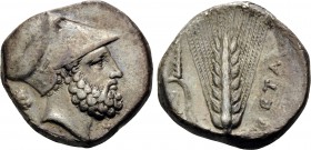LUCANIA. Metapontum. Circa 340-330 BC. Nomos or Didrachm (Silver, 21 mm, 7.79 g, 6 h), Ami.... Head of Leukippos to right, wearing Corinthian helmet; ...