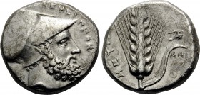LUCANIA. Metapontum. Circa 340-330 BC. Nomos or Didrachm (Silver, 18.5 mm, 7.81 g, 1 h). ΛEYKI-ΠΠOΣ Helmeted head of Leukippos to right; behind, [dog ...
