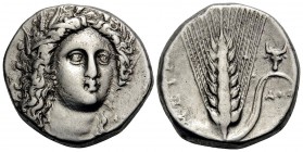 LUCANIA. Metapontum. Circa 330-290 BC. Nomos or Didrachm (Silver, 19 mm, 7.92 g, 2 h), Atha... Head of Demeter facing, turned slightly to the right, w...