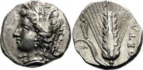 LUCANIA. Metapontum. Circa 330-290 BC. Nomos or Didrachm (Silver, 21 mm, 7.87 g, 5 h), Atha.... Head of Demeter to left, wearing grain wreath, triple ...