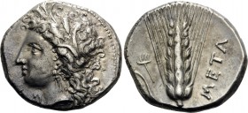 LUCANIA. Metapontum. Circa 330-290 BC. Nomos or Didrachm (Silver, 18 mm, 7.96 g, 10 h), Da.... Head of Demeter to left, wearing grain wreath, triple p...