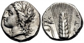 LUCANIA. Metapontum. Circa 330-290 BC. Didrachm or nomos (Silver, 19 mm, 7.92 g, 7 h), Ly... Head of Demeter to left, wearing grain wreath, triple pen...